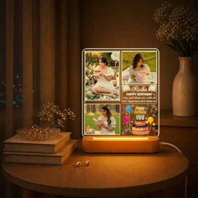 Personalized Photo Night Light with Wooden Base – Custom 3-Photo Acrylic LED Lamp with Name Birthday Gift for Her, Wife, Girlfriend, Daughter, Best Friend